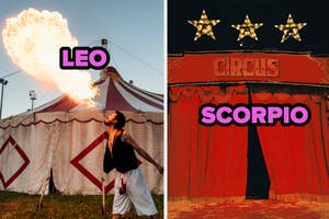Person fire-breathing by a circus tent; "LEO" text on left, "CIRCUS SCORPIO" sign on right with stars