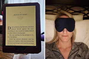 Person in bed with eye mask, reading on a Kindle before sleep