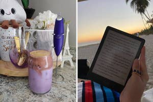 Person holding an e-reader on a beach at sunset, contrasting with a cozy setting for summer beverages