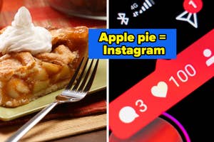 Slice of apple pie on a plate next to a phone showing Instagram notifications with likes