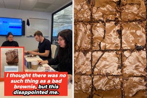 Office workers share a disappointing brownie, with a close-up of the cracked brownie surface