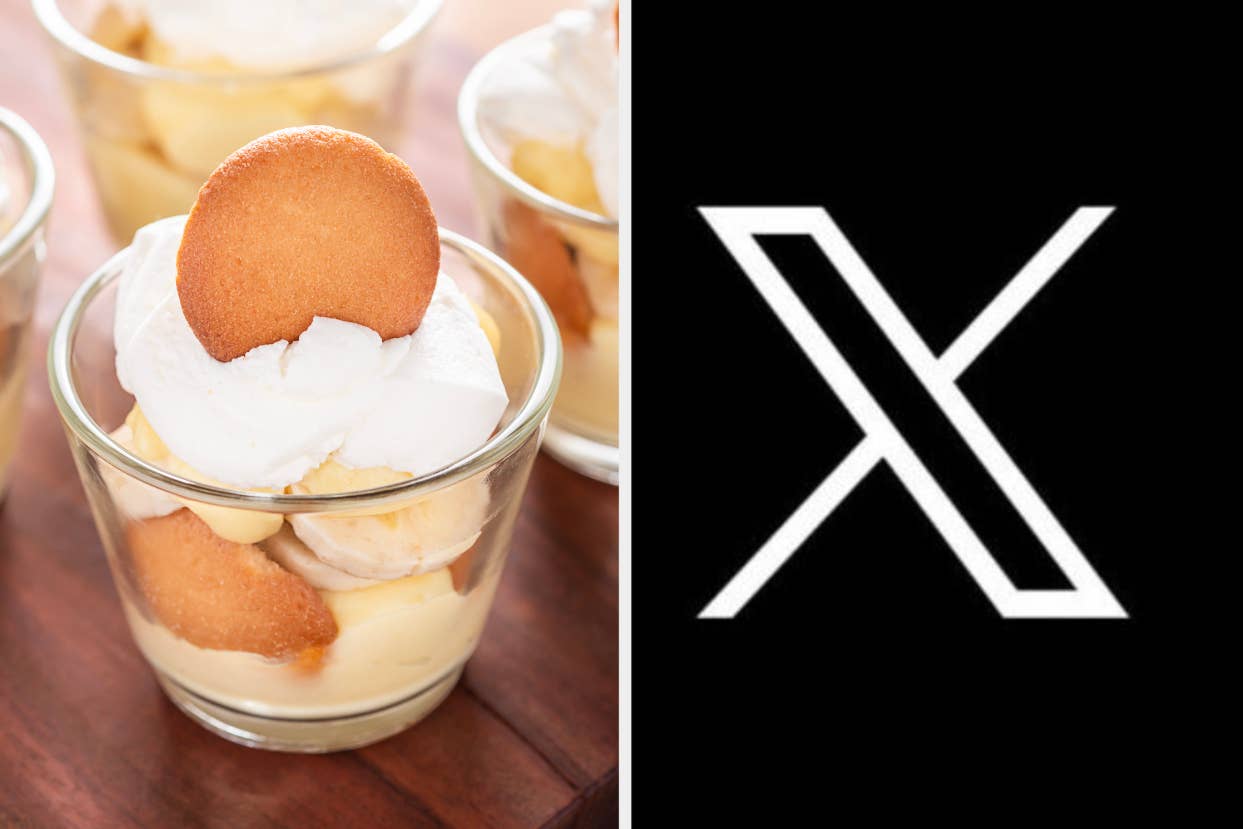 Two images side-by-side; left shows a dessert with cookies and cream in a glass; right is a white X symbol on a black background