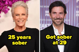 Dual image of Jamie Lee Curtis on left and Bradley Cooper on right, both smiling, with sober anniversary text overlay