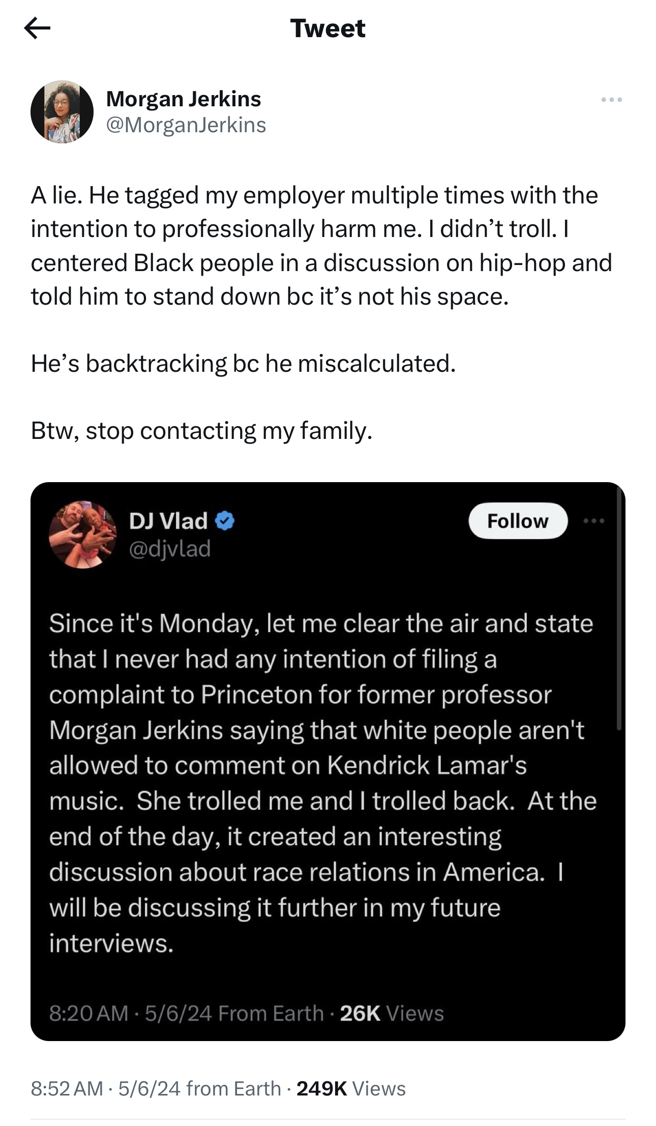 Two Twitter posts discussing a professional dispute, one defending against claims of harmful intentions, the other addressing race relations