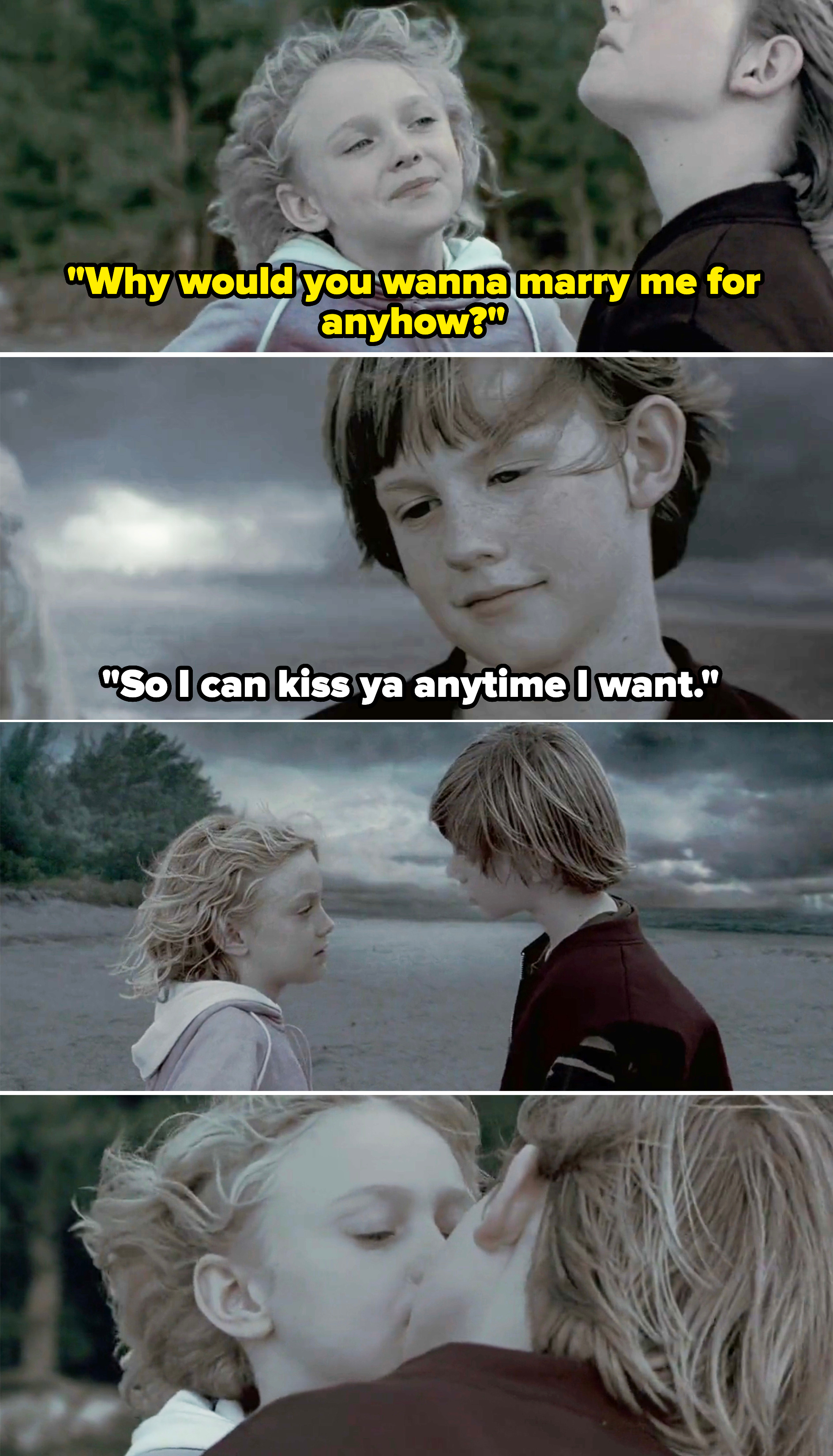 A young Jake kissing a young Melanie on a beach in Sweet Home Alabama