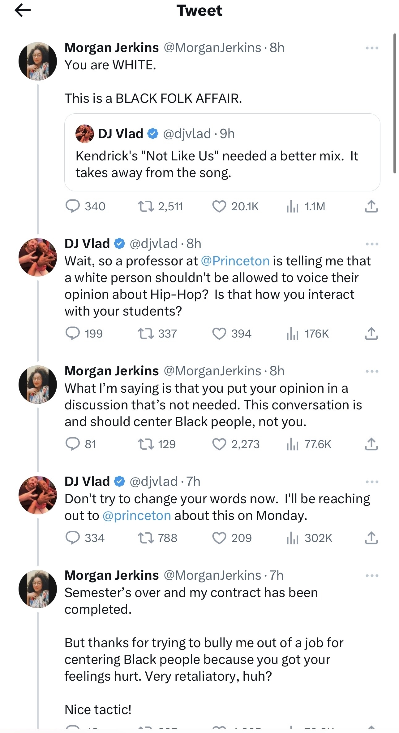 A screenshot of a Twitter feed featuring a discussion between users @DJVlad and @MorganJerkins on cultural appropriation in music