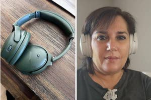 Woman wearing wireless headphones available for shopping and a close-up of similar headphones on a wooden surface
