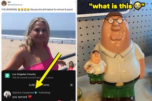 Young girl smiling on a beach; Peter Griffin figurine with text bubble