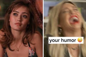 Two-panel meme: Left features a woman with a disinterested expression. Right shows a woman laughing with text "your humor" and an emoji