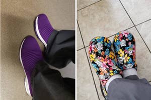 on left: reviewer wearing purple slip-on sneakers, on right: reviewer wearing floral-print clogs