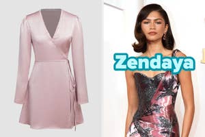 On the left, a long sleeved mini wrap dress, and on the right, Zendaya wearing a sparkly gown