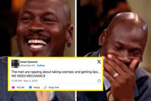 Two images: left, Michael Jordan laughing; right, Jordan covering his mouth, smiling. Images are closely cropped