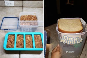 Left: Pre-portioned food in storage containers. Right: Sliced bread in an airtight keeper