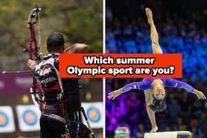 Collage of an archer aiming a bow and a gymnast performing, with a quiz caption "Which summer Olympic sport are you?"