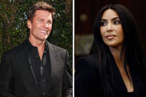 Tom Brady in a black suit smiling, Kim Kardashian in a sleek outfit. Both posing separately