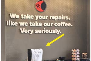 Sign in a repair shop reads "We take your repairs, like we take our coffee. Very seriously." with a coffee cup logo