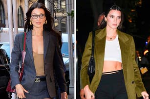 On the left, Bella Hadid wearing a short skirt and blazer, and on the right, Kendall Jenner wearing a textured blazer and crop top