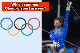 Simone Biles poses in mid-air during gymnastics routine with Olympic rings and text "Which summer Olympic sport are you?"