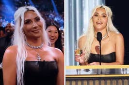 Kim Kardashian in a black top smiling in the audience; Kim at a podium with a microphone and award