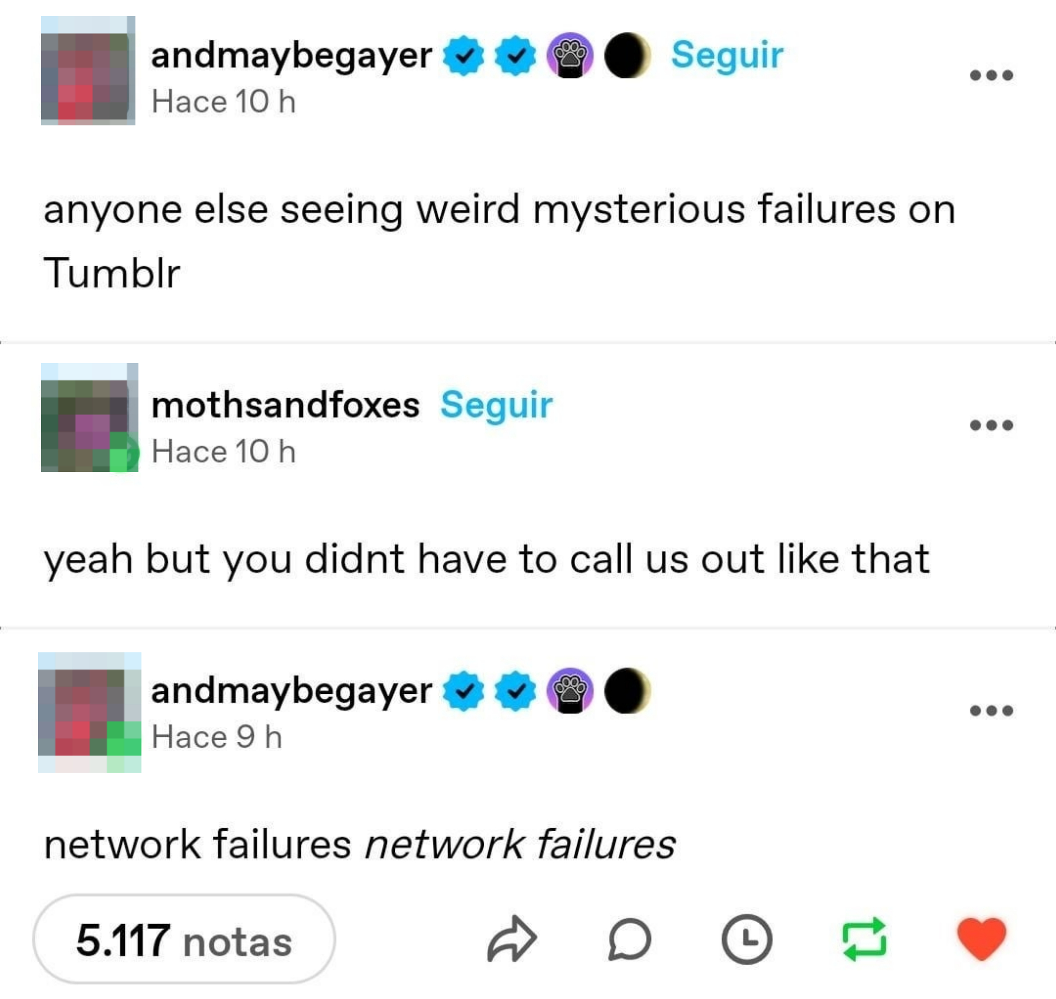 A humorous social media exchange with users andmaybeagayer and mothsandfoxes joking about network failures