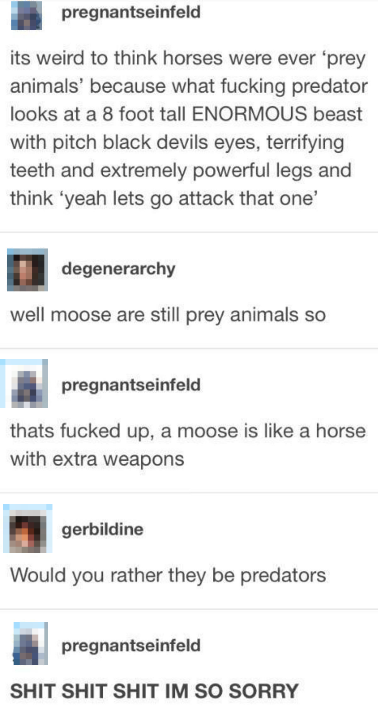 Text exchange humorously reflecting shock at learning that prey animals like horses and moose are still considered prey despite size and attributes