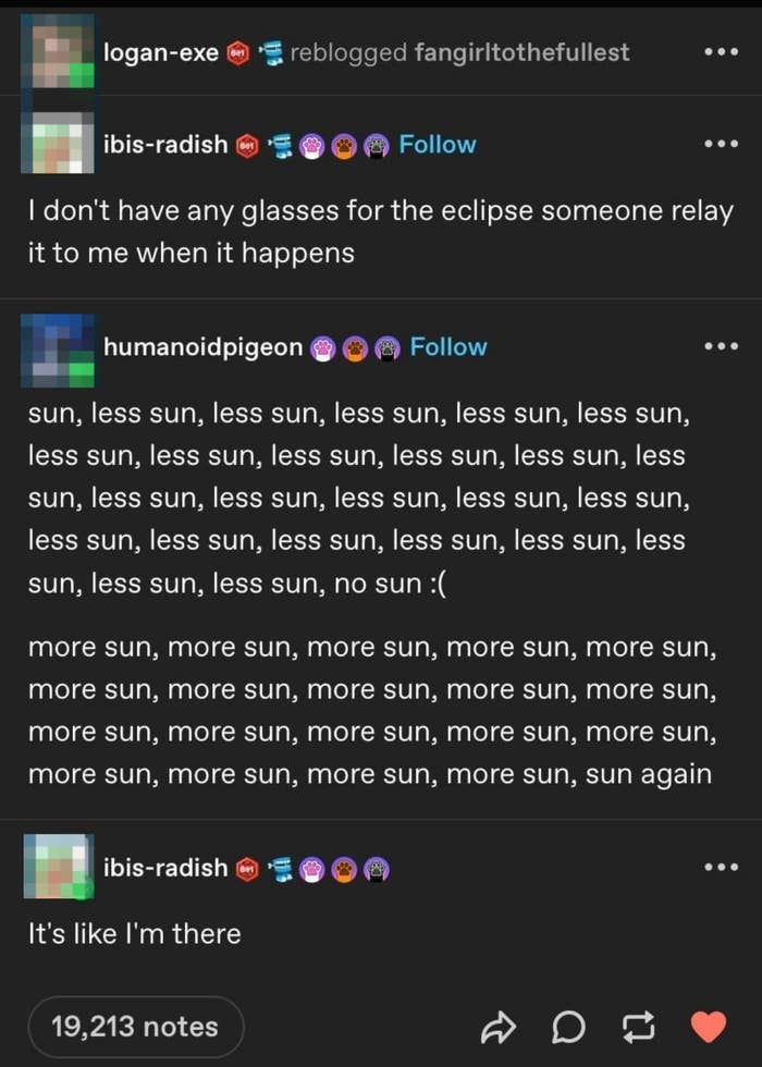 Screenshot of social media reactions to an eclipse, users humorously comment on experiencing more or less sun