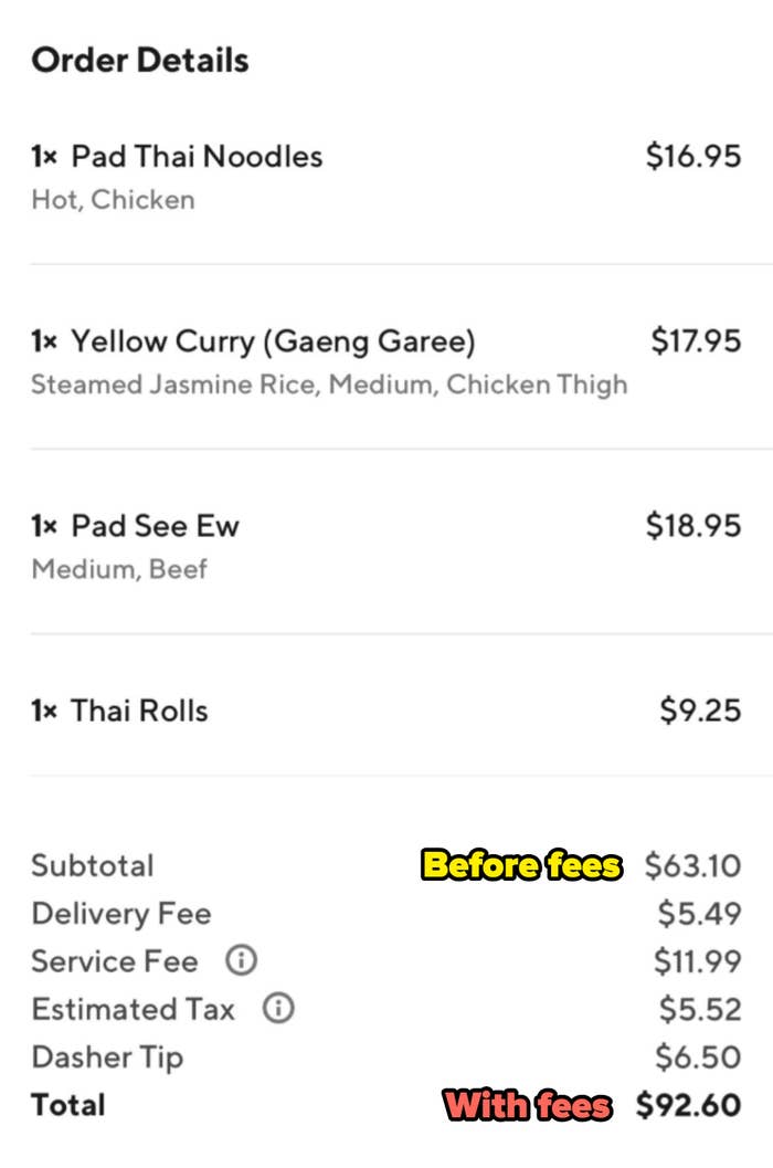 DoorDash order of Thai food that comes to $63 before fees and $92 once delivery fees, tax, and tip are added