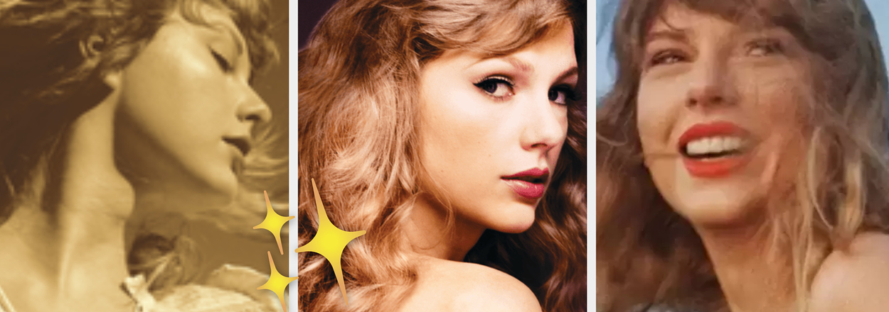 Three poses of Taylor Swift with different hairstyles and expressions