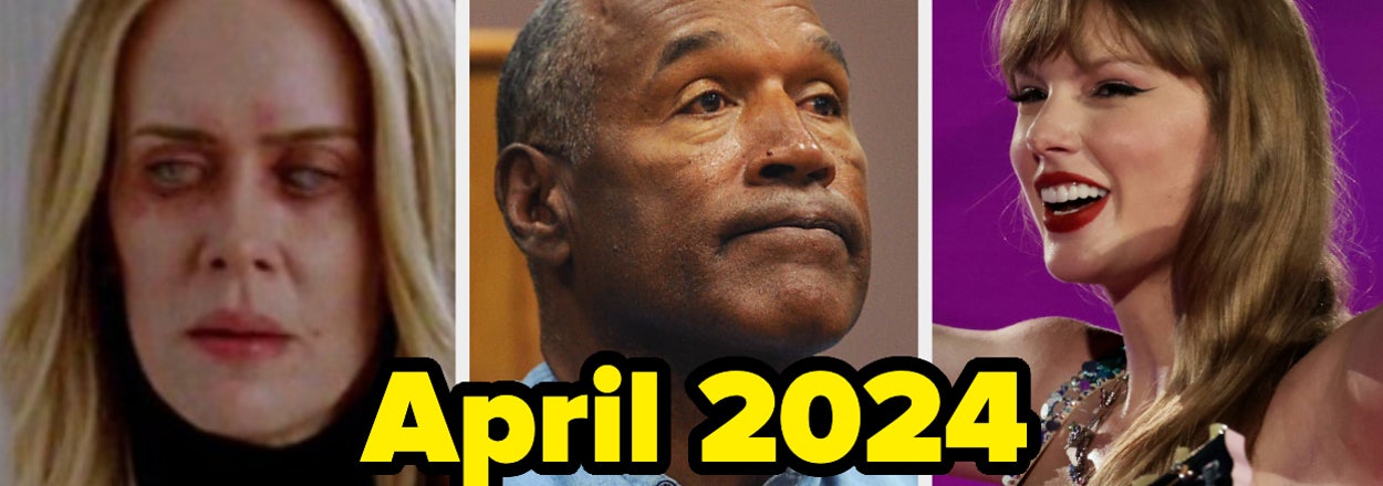 Collage with Elsa from Frozen, O.J. Simpson, and Taylor Swift; "April 2024" text overlay