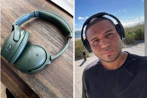 Man wearing wireless headphones and a separate image of the headphones on a wooden surface