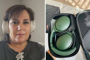 Person wearing over-ear headphones; headphones stored in a compact case on the right