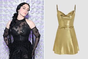 Billie Eilish in a lace-accented outfit; a separate gold dress with thin straps