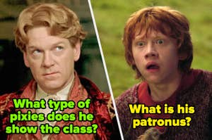 Gilderoy Lockhart and Ron Weasley from Harry Potter, with captions asking about Lockhart's pixies and Ron's patronus