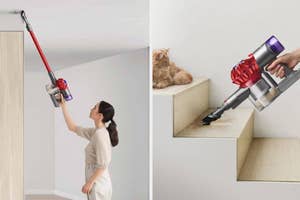 Woman using a stick vacuum on ceiling; separate image of vacuum cleaning stairs with a pet watching