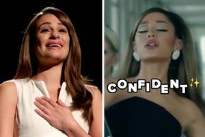 Lea Michele teary-eyed, hand on chest; Ariana Grande in "confident" pose with text overlay