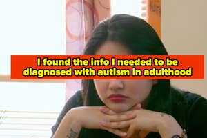 TV show scene with a woman resting chin on hands, caption about finding autism diagnosis info as an adult