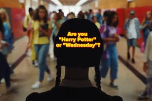 A person is seen from behind, looking at a crowded school hallway; text asks if they are "Harry Potter" or "Wednesday?"