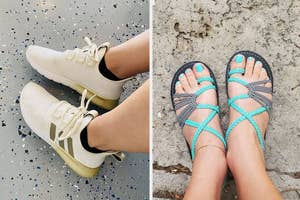 on left: reviewer wearing gold-tone and white sneakers, on right: reviewer wearing flat blue sandals with straps