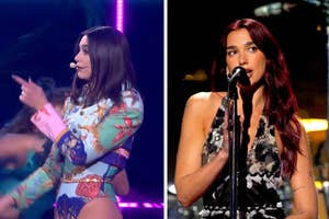 Two images side by side, left shows Dua Lipa performing with mic, wearing a print outfit. Right is Dua Lipa singing into mic, in a black dress