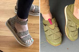on left: reviewer wearing wedge sandals, on right: reviewer wearing quilted Teva shoes