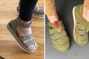 on left: reviewer wearing wedge sandals, on right: reviewer wearing quilted Teva shoes