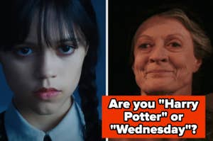 Split screen with Wednesday Addams on the left and Professor McGonagall on the right, text asks if you're "Harry Potter" or "Wednesday."