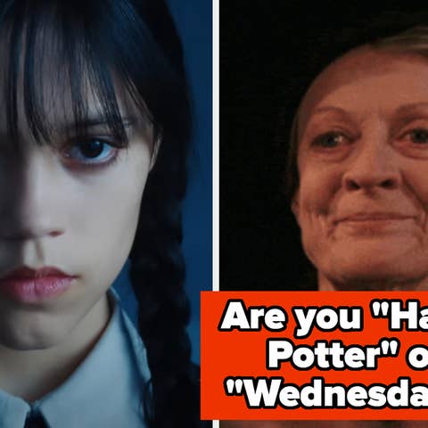 Split screen with Wednesday Addams on the left and Professor McGonagall on the right, text asks if you're "Harry Potter" or "Wednesday."