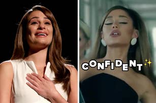 Lea Michele teary-eyed, hand on chest; Ariana Grande in "confident" pose with text overlay