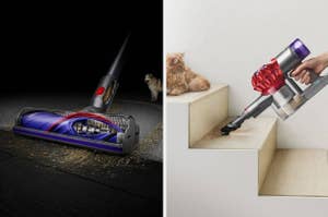 Dyson vacuum cleaner shown in use on different surfaces, effective for pet owners and home cleanliness