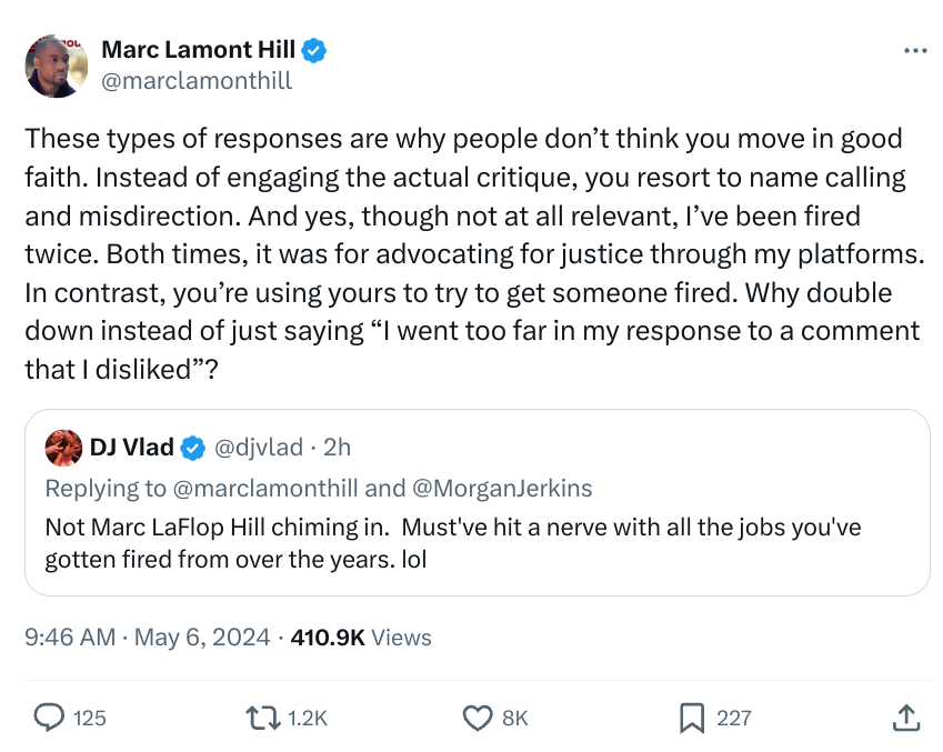 Tweet from Marc Lamont Hill responding to criticism and reflecting on previous actions, with replies discussing his career influences