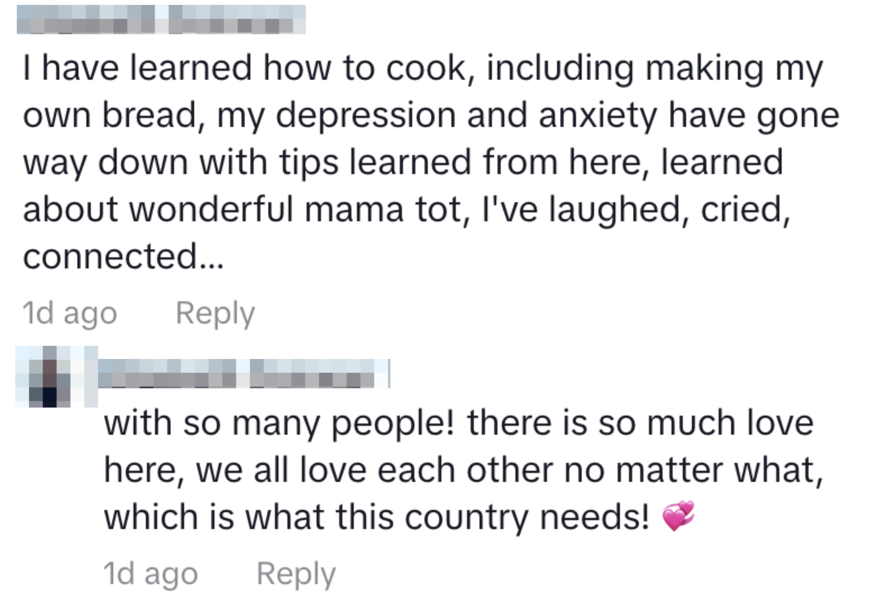 Social media comments sharing personal growth in cooking and valuing love and support in the community