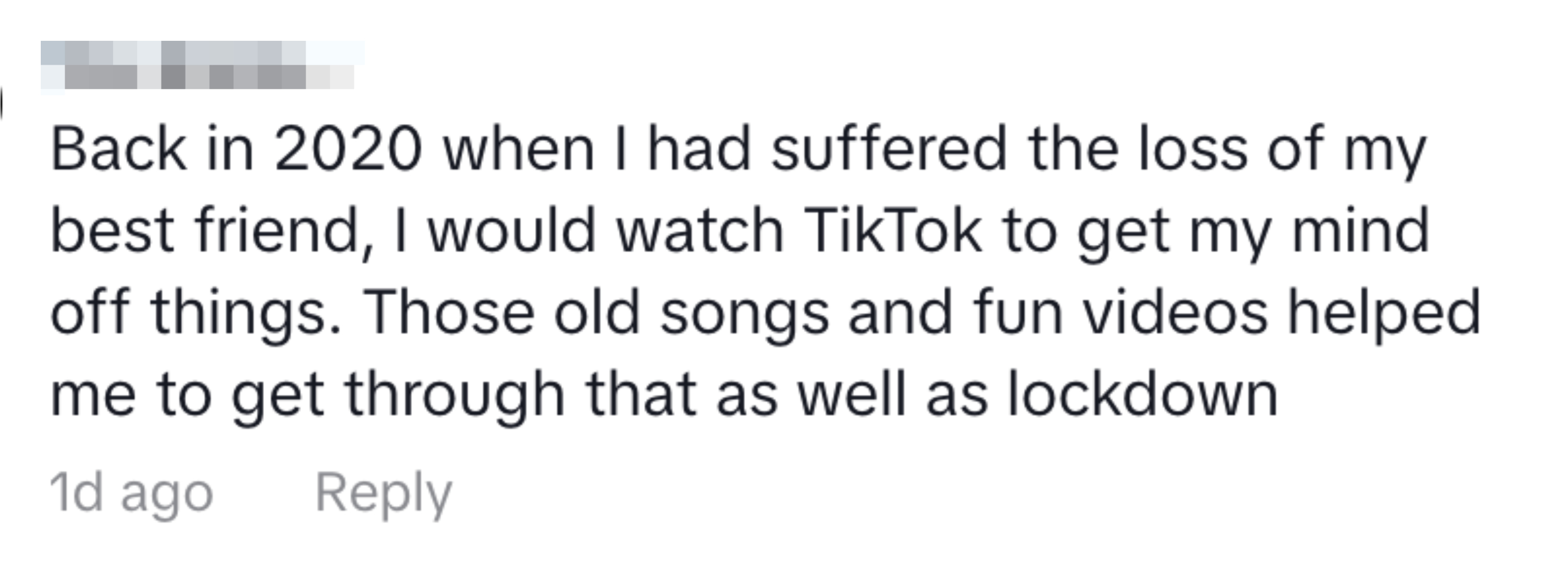 Comment reflecting on coping with loss and lockdown through TikTok videos and old songs