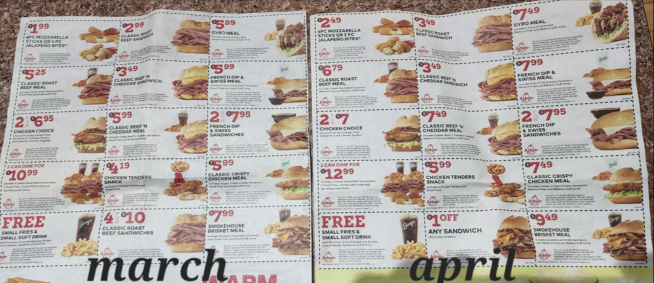 Two fast food restaurant flyers side by side comparing meal deals for March and April with the April prices on many items $2 higher