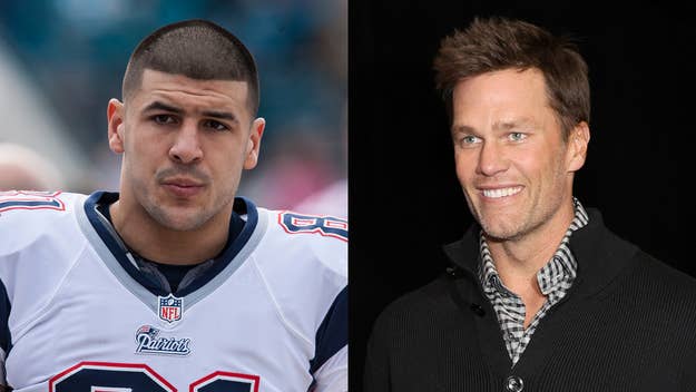 Aaron Hernandez in football gear on the left, Tom Brady in casual attire to the right